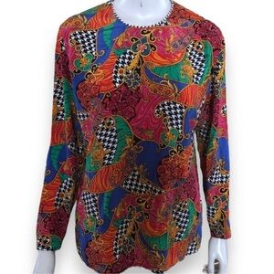 Vintage 80’s Josephine Baroque Scarf Print Houndstooth Paisley Blouse Size M